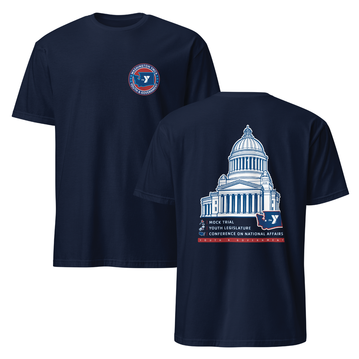 Two navy blue short-sleeve t-shirts shown on a plain white background, with the front view on the left and back view on the right. The back shirt features a large white and blue graphic of the U.