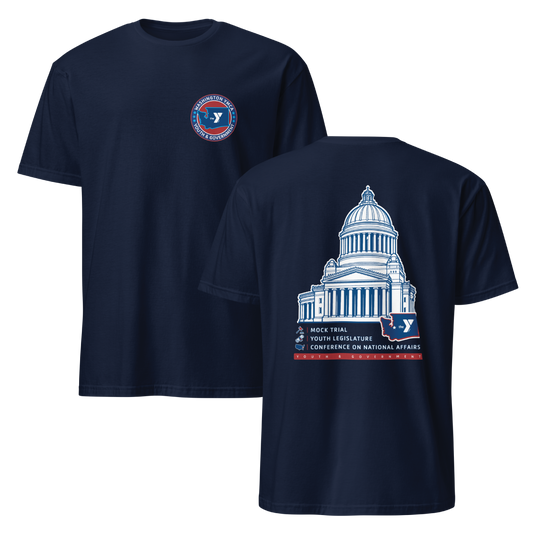 Two navy blue short-sleeve t-shirts shown on a plain white background, with the front view on the left and back view on the right. The back shirt features a large white and blue graphic of the U.